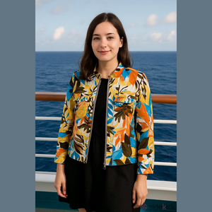 Vintage Jean Jacket Chico’s Colorful Hawaii Floral Yellow Nature boho